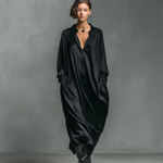 Women's Fashionable Casual Black Glossy Satin Long-sleeved Loose-fitting Maxi Dress With Pockets