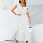 Nadorine Women's Casual Loose Jumpsuit V Neck Sleeveless Solid Ruffle Pleated Wide-leg Long Playsuit with Belt