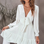 V-neck Bow Nodes Waist Ruffled Edge Dresses