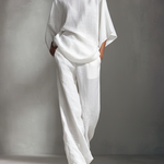 Women's Relaxed Linen-Blend White Boat-Neck Batwing-Sleeve Oversized Top & Wide-Leg Pants Set