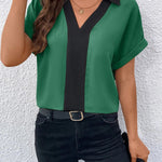 Loose Short Sleeves Contrast Color V-Neck T-Shirts Tops