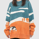 Vintage Cow Grassland Graphic Oversized Jumper Casual Loose Round Neck Unisex Sweater