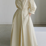 Long Sleeves Loose Buttoned Solid Color Lapel Midi Dresses
