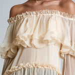 Quiet Luxury Champagne Off-Shoulder Ruffle Chiffon Blouse