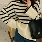Round Neck Striped Sweater Top Loose Side Slit Pullover Sweater