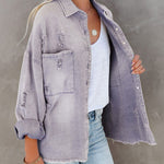 Nadorine Cropped Jacket Frayed Hem Button Long Sleeves Casual Loose Solid Color Denim Jacket