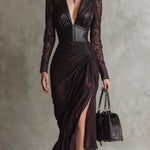 Retro High-end Brown-red Imitation Leather Stitching Lace Long-sleeved Maxi Dress