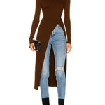 Simple Skinny Split-Side Solid Color High-Neck T-Shirts Tops
