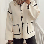 Nadorine Buttoned Crew Neck Loose Color Block Knitted Jacket
