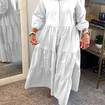 Solid Color Lapel Elastic Cuffs Loose Maxi Dress