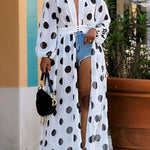 High Waisted Long Sleeves Pleated Polka-Dot See-Through Split-Joint Deep V-Neck Maxi Dresses Outerwear