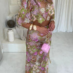 Fashionable Embroidered Flower Sequined Crop Top and Elegant Sheer Maxi Skirt Set