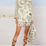 Live By Water Satin Unique Print Tassle Shirt and Elastic Waist Shorts Set