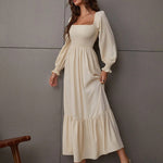 Solid Color Long Sleeve Dress Square Neck Lotus Leaf Maxi Dress