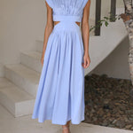 Cap Sleeve Belly-Hollow Pleated Solid Color Stand Collar Maxi Dresses