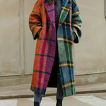 Loose Three-Quarter Sleeves Contrast Color Plaid Split-Joint Lapel Outerwear Windbreakers Woolen Coat