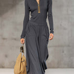 Casual Retro Sports Dark Gray Half-high Collar Front Zipper Long-sleeved Top And Wide Pants Set