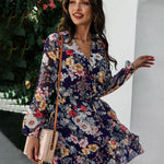 V-neck Long-sleeved Chiffon Print Dress