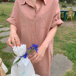 Oversized Button Down Maxi Shirt Dress Short Sleeve Side Split Casual Loose Solid Tunic Dress