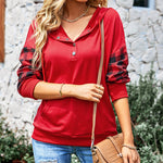 Plaid Hooded Drawstring Splicing Sweatshirt Tops