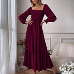 Solid Color Long Sleeve Dress Square Neck Lotus Leaf Maxi Dress