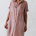 Nadorine Women's Button Down Long Sleeve V Neck Plain Oversized Dresses Slim Beach Vacation Shirt Dress