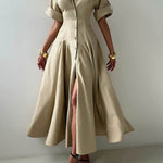 Short Sleeves Buttoned Solid Color Lapel Maxi Dresses Shirt Dress
