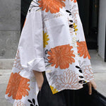 High-Low Long Sleeves Floral Printed Split-Joint Split-Side Lapel Blouses&Shirts Tops