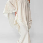 Like A Swan Lace Trim Off Shoulder Cape Top and Elastic Waist Draped Maxi Skirt Set