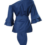 Flared Sleeves Asymmetric Knot Solid Color One-shoulder Blouses&shirts Tops