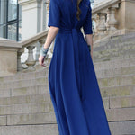 Half Sleeves High Waisted Solid Color Tied Waist V-Neck Maxi Dresses
