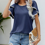 Pom-Pom Trim Flutter Sleeve Round Neck Tee Casual Blouses Tops
