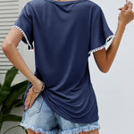 Pom-Pom Trim Flutter Sleeve Round Neck Tee Casual Blouses Tops