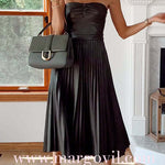 Strapless Pleated Faux Leather Midi Dress(2 Colors Available!)