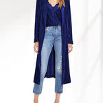 Long Velvet Cardigan Jacket Casual Open Front Velour Lapel Cardigan Maxi Blazer