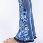 Stretch Embroidered Print Denim Wide Leg Trousers