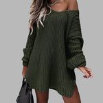 Loose Mid-length Off-shoulder V-neck Slit Knitted Sweater