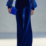 Vintage Elegant And Exquisite V-neck Mesh Long-sleeved Royal Blue Velvet Jumpsuit