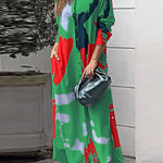 Loose Wrap Buttoned Contrast Color Pockets Printed Split-Side Shirt Dress