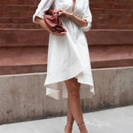 High-Low Long Sleeves Solid Color Lapel Midi Dresses Shirt Dress