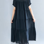 Vintage Loose Split-Joint Pleated Short Sleeves Round-Neck Midi Dress