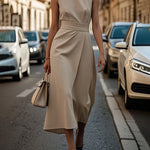 High Waisted Loose Pleated Solid Color Round-Neck Midi Dresses
