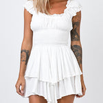 Off Shoulder Ruffle Shorts Romper Swiss Dot Smocked Layered Chiffon Boho Mini Jumpsuits