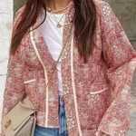 Retro Print Loose V-Neck Cardigan Cotton Jacket