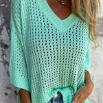 Fashionable Hollow V-neck Long-sleeved Casual Loose Knitted Top