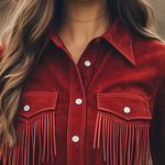 Outdoor Western Cowboy Red Suede Lapel Tassel Long Sleeve Shirt