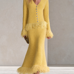Retro-chic Yellow Knitted Skirt Set With Feather Fringe Details
