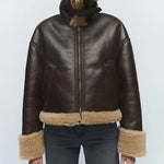 Insulated Faux Leather Jacket with Lapel Collar and Fur Sleeves
