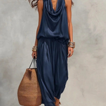 Black Halter Neck Sleeveless Top And Pleated Trousers Set