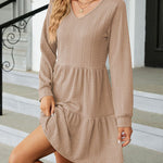 Solid Color Patchwork V-Neck Long Sleeves Loose-Fitting A-Line Dress
